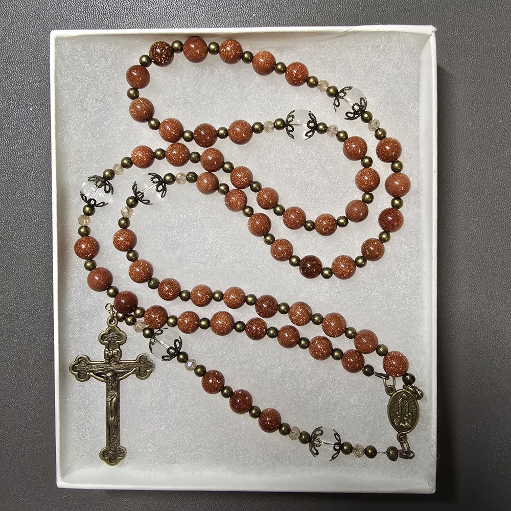 Large One Of A Kind Hand Crafted Rosary Made With Gold Sandstone And Quartz